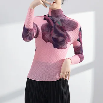 Miyake Плиссированный топ за жени 2023 Пролет/Лято, Нова Мода Поло с принтом, Облегающая тениска с дълъг ръкав, Стрейчевая Долната