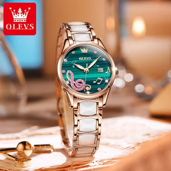 OLEVS Луксозни тънки дамски часовници, керамични маркови кварцов часовник, дамски тънък датата, модерен гривна, подарък montre femme