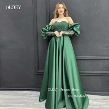 OLOEY Дубай, арабските зелени сатенени дълги вечерни рокли 2023, блестящ топ, буйни рокли за абитуриентски бал с дълги ръкави, вечерна рокля Vestidos