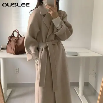 OUSLEE, секси елегантна дълга вълна палто с колан, однотонная шик горна дреха с дълъг ръкав, женски палта, връхни дрехи за есен-зима