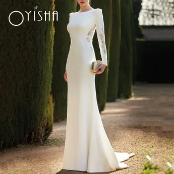 OYISHA, елегантни сватбени рокли на русалка с отворен гръб, стрелка с форма на струята, дълъг ръкав, скъпоценен камък, шия, бяла еластична сатен е тъкан, сватбената рокля 2023
