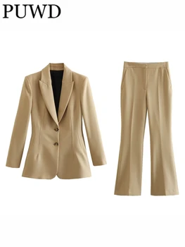 PUWD/ женски модерен однобортный сако каки, на шпакловка и обикновен панталон 2023, летни дамски комплекти от две части, Mujer