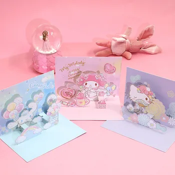 Sanrio Kawaii My Melody Cinnamoroll, обемни поздравителни картички, мультяшная пощенска картичка с изображение на коте, играчки за момичета