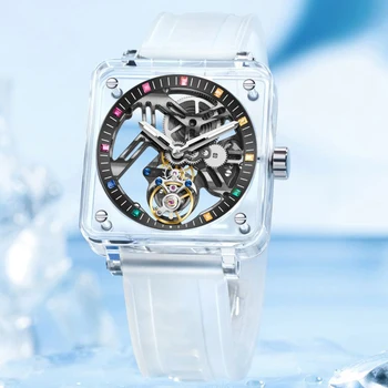 SEAKOSS Прозрачни механични часовници с турбийоном, скелет, выдалбливают, луксозни сапфировые водоустойчив автоматично мъжки гумени часовници