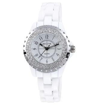 SKONE Top Famous Brand Luxury Quartz Watch Women Fashion Watches Ceramic Каишка Diamond Stone часовник дамски ръчен