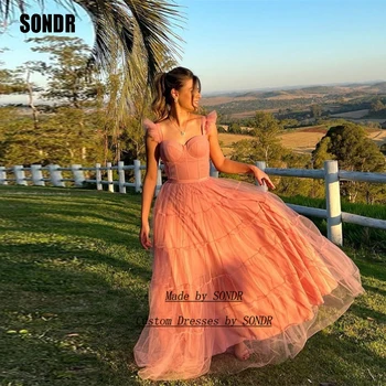 SONDR Елегантна розова вечерна рокля във формата на сърце 2023, къса рокля трапецовидна форма, без ръкави, вечерни рокли за абитуриентски, булчински рокли по поръчка Mad