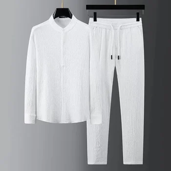 Sprin Годишният Нов Модерен Костюм За мъже, Ежедневни ризи с дълги ръкави и панталони в ивица С гънки, Оборудвана комплект от две части