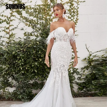 SUMNUS Бели дантелени рокли на Русалка за сватбени партита, тюлевое рокля с пера и с отворени рамене, сладка сватбена рокля за бала с влак