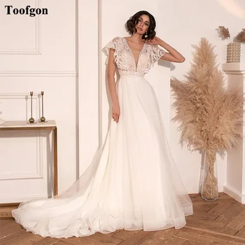 Toofgon Трапециевидные дантелени сватбени рокли с аппликацией, ръкави-капоры за булката, гол гръб с бутони, вечерни рокли за младоженци, сватбени рокли