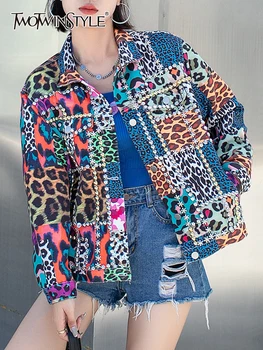 TWOTWINSTYLE, цветни леопардовые лоскутные якета-клеши с бродирани, за жени, casual chic яке с дълъг ръкав и ревери, женски 2023