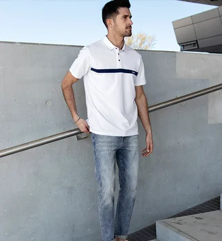 W4584 - годишната нова мъжка риза с къси ръкави, мъжки памучен бяла тениска с ревера, расшитая мъниста, с къси ръкави.J8486