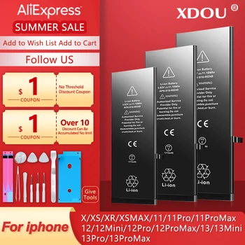 XDOU висок клас батерия за iPhone X XR XS 11 12 13 Mini Max Pro Promax с голям капацитет на Смяна + подарък с инструменти