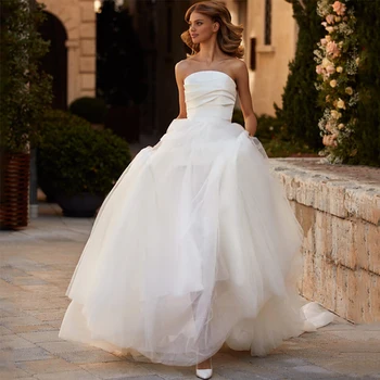 Атласное сватбена рокля, трапецовидна форма, без презрамки за булката, 2023 слоя тюл, просто сватбена рокля с плисета на гърба, Vestido De Новия