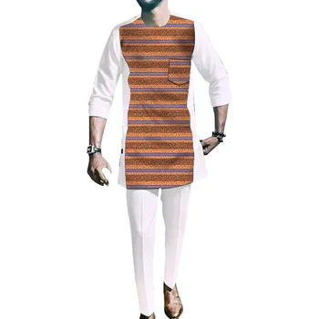 Африканска модни бяла мъжка риза с кола маска и едноцветните панталони, блузи в стил мозайка + панталони, комплект от 2 теми