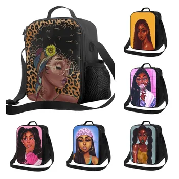 Афроамериканская черна чанта за обяд за момичета, изолирани чанти за обяд с леопардовым принтом под формата на слънчоглед, за момчета, момичета, юноши, възрастни, множество чанта