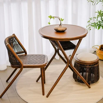 Балконный маса и стол от ратан и орехово дърво, обикновен ретро-китайски стил, комбинация за отдих, бар, чай масичка за съхранение на открито, на стол от ратан
