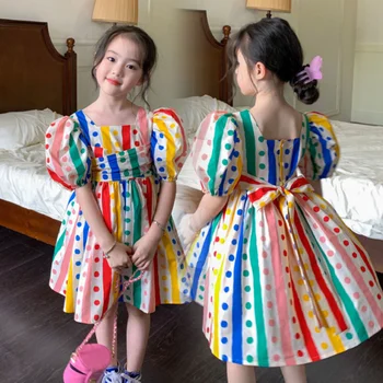 Бебешка рокля в модел грах за момичета, летни детски рокли на принцеси с пищни ръкави с дължина до коляното, дрехи за деца 2-7 години