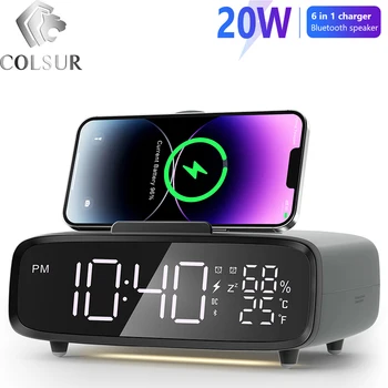 Безжично зарядно устройство с мощност 20 W, аларма, двойно цифров говорител Bluetooth, лека нощ с регулируема яркост на дисплея температурата в спалнята
