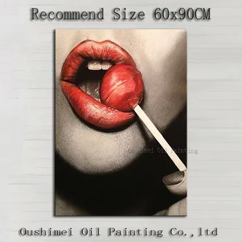 Безплатна доставка, ръчно рисувани, висококачествена и модерна секси дама, устните, маслени бои, секси червени устни, платно, живопис за декор
