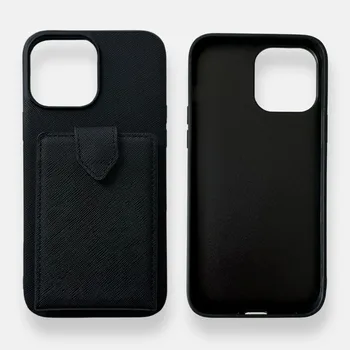 Бизнес Кожена Сафьяновый Стръмен Черен Калъф за телефон с Множество джобове за карти за Iphone11 12 13 14 ProMax 14Plus, който предпазва от падане, джоб за карти