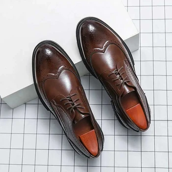 Блок Мъжки обувки от изкуствена кожа на нисък ток с шнур, обикновен бизнес модела обувки, удобни и модерни, класически обувки-дерби