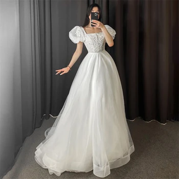 Булчински рокли с дантела в бохемски стил, къси закръглени ръкави, трапециевидный квадратен яка, апликации, сватбени рокли, рокля на принцеса булка с отворен гръб, 2023