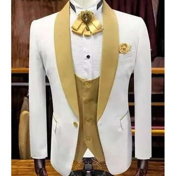 Бял сватбен смокинг на младоженеца със златен елек, приталенные мъжки костюми, 3 предмет, направен по поръчка, яке, панталони, мъжки моден костюм Бял сватбен смокинг на младоженеца със златен елек, приталенные мъжки костюми, 3 предмет, направен по поръчка, яке, панталони, мъжки моден костюм 0
