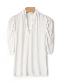 Бяла или Черна Жена Плиссированная Тънка Тениска, Потник, Дамски тениски С Къс Буйни ръкав и V-образно деколте, Лятото на 2022