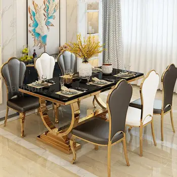 Бяла луксозна кухненска маса с мраморен правоъгълник, устойчив позлатените уникален рамка от неръждаема стомана, маса за хранене, комбинация от стола