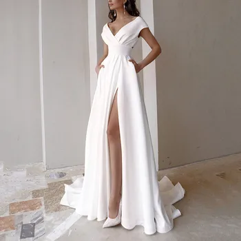 Бяла секси рокля в пола с цепка отстрани и висока талия за банкет, сватбената рокля Infinity Robe, елегантна секси вечерна рокля с V-образно деколте и с отворен гръб