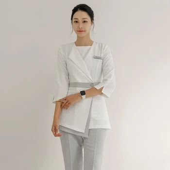В корейски стил, дамски пролетно-есенна работна блуза + панталони, комплект за персонала на рецепцията, работни дрехи за спа-салон за красота