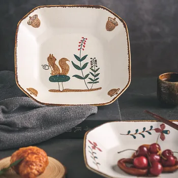 Висококачествена керамична плоча с ръчно рисувани, дълбока плодови чиния, чиния за салата, домакински креативна кухня. чиния за хранене с катерица