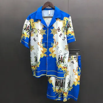 Висококачествена тениска с принтом в стил барок, плажна риза с принтом в стил хип-хоп + къса мъжка лятна Ежедневни риза с къс ръкав и копчета