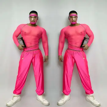 Възрастен мъж хип-хоп танцови нощен клуб Флуоресцентно розово Секси потници Панталони Гого танцов костюм Парти Бар Dj Ds Рейв облекло