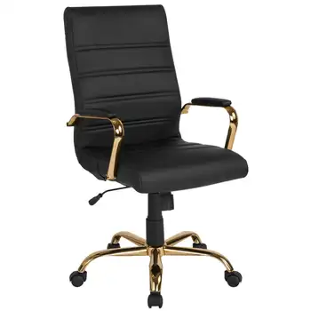 Въртящо се офис стол за мениджъри от черна мека кожа с висока облегалка, със златна рамка и подлакътници