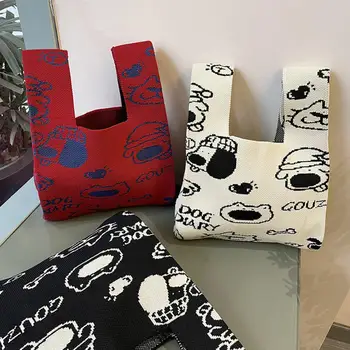 Вязаная чанта ръчна изработка, женствена чанта на китката с кухненски възел, японската ежедневни цветна чанта в широка ивица, студентски множество чанта за пазаруване