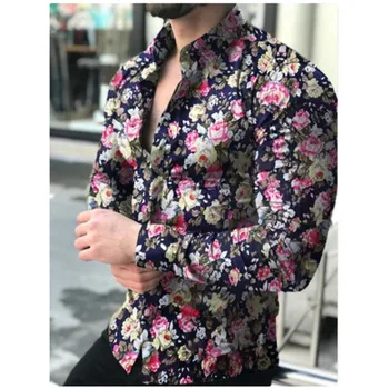 Гореща продажба на европейски и американски мъжки блузи с флорални принтом 2023, ново записване, пролетни ежедневни тънки мъжки блузи с дълъг ръкав, връхни дрехи B0056