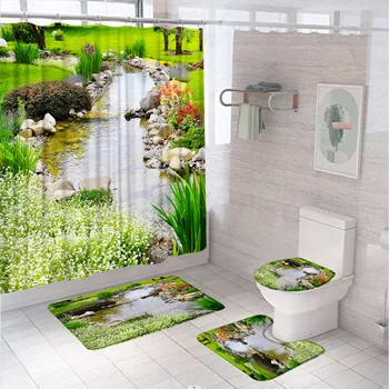 Градина езерото, набор от завесата за душа в банята, струящийся поток, пейзаж с диви цветя, текстилен екран, противоскользящий мат, подложка за баня, капак на тоалетната чиния