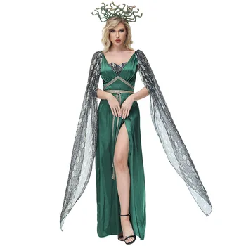 Гръцката митология, cosplay костюм на Медуза, зелено дълга рокля с висока цепка, костюми за партита