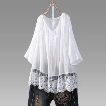 Дамски блузи и блузи, реколта дантелени ризи с V-образно деколте и копчета, в три четвърти, най-големи размери, плиссированная блуза, бяла тениска, бохемски стил
