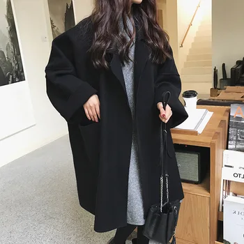 Дамски зимни палта, дълги свободен монофонични жилетка с дълъг ръкав, по-големи размери, женски корейска вълна палто, свободна вълнена есенното яке