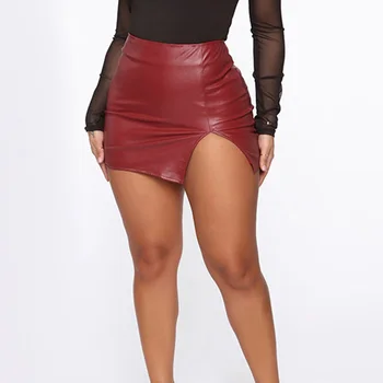 Дамски модни облегающая секси пола, кожена пола с цепка отстрани, черна мини-опаковка с висока талия, облегающая клубна дрехи, обикновен червен