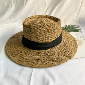Дамски сгъваема лятна сламена шапка с широка периферия, фетровая шапка, плажна шапка, дамски лятна празнична панама, модна шапка с вдлъбната плоска защита Дамски сгъваема лятна сламена шапка с широка периферия, фетровая шапка, плажна шапка, дамски лятна празнична панама, модна шапка с вдлъбната плоска защита 0