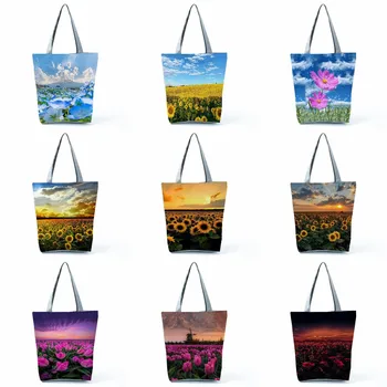 Дамски чанта за пазаруване с флорални принтом и селски пейзаж с голям капацитет, адаптивни чанта с подсолнухом, градинска женствена чанта през рамо