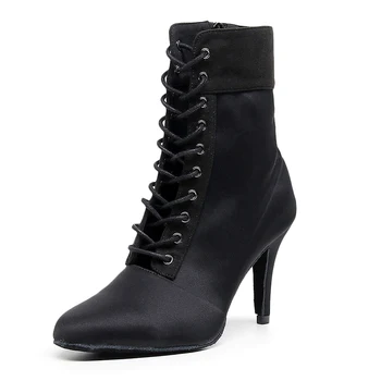 Дамски черни танцови обувки дантела, дамски обувки за джаз танци с еластична гумена лента дамски обувки на висок ток, със затворени пръсти за момичета 7,5 см.-11 см