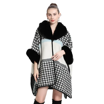 Дамски шал от изкуствена кожа заек Рекс с колан под формата на лястовици, женски кашемировое палта, зимни елегантна клетчатая наметало, луксозно топло палто, брендовый дъждобран