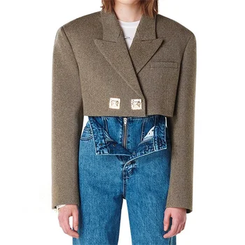 Дамско яке 2023, есенна новост, късо палто с декоративни метални копчета, корейски модерен тънък женски сако, отгоре с дълги ръкави, трафика на y2k