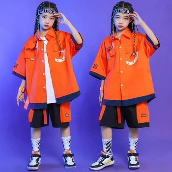 Детска бальная облекло в стил хип-хоп, екипировки Kpop, оранжева риза, шорти-карго за момичета и момчета, дрехи за джаз танци, костюми за тийнейджъри, градинска облекло