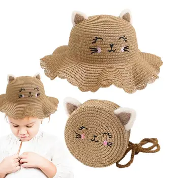 Детска солнцезащитная шапка, цялостна защита на 360 градуса, дизайн сламени чанти, летни слънчеви шапки, лятна шапка с хубав анимационни котка