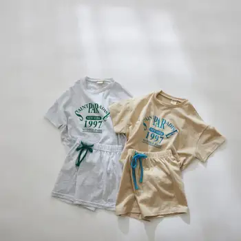 Детски летен нов комплект дрехи с къс ръкав, ежедневни тениски с писмото принтом + шорти, костюм от 2 теми за момчета и момичета, памучен облекло